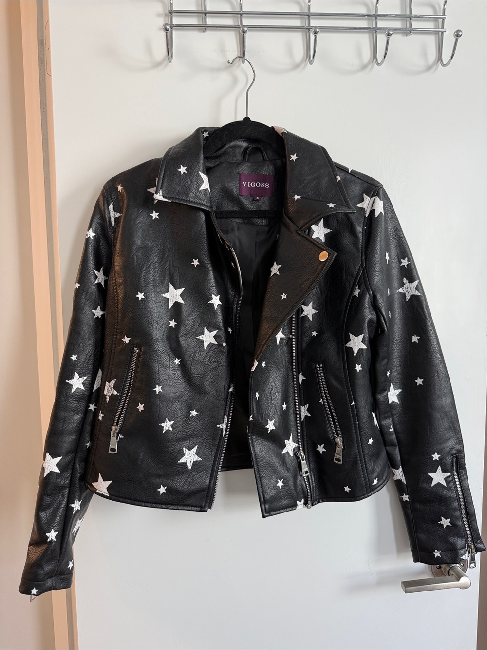 Vigoss Black Faux Leather Star-Print Moto Jacket